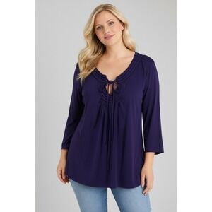 Worthington Purple 3/4 Sleeve Pleated Keyhole Tie Neck Blouse Top XL Stretch